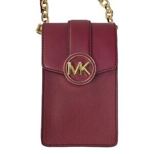 Michael Kors Phone Crossbody Burgundy Leather Chain Strap Wallet Pouch Bag